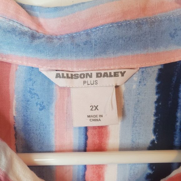 Allison Daley Top Women's 2X Blue Pink White Stripe 3/4 Roll Sleeve Button up - Picture 2 of 6